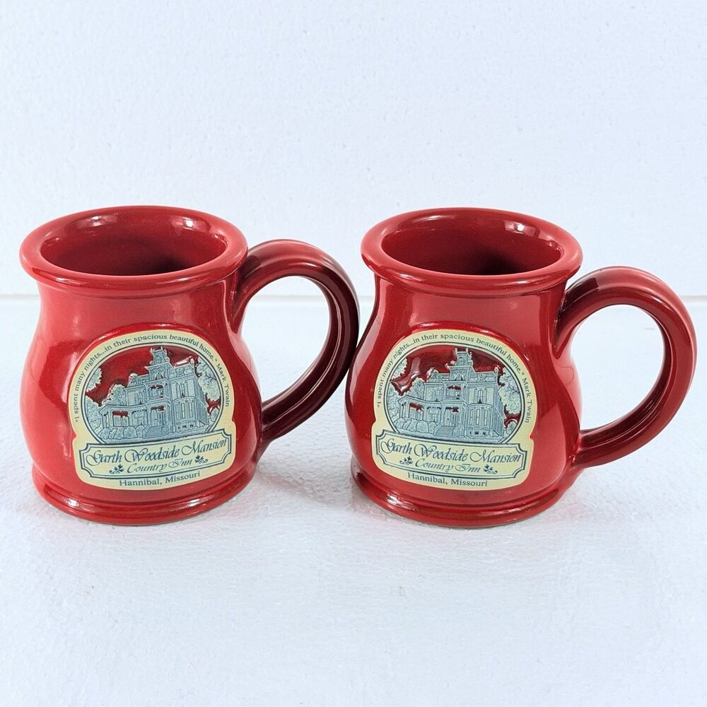 Daneen Pottery 12oz Red Mug Pair Garth Woodside Mansion Mark Twain Hannibal MO